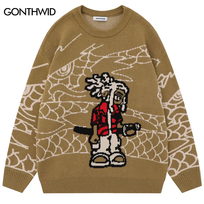 

Harajuku Sweater Streetwear Hip Hop Knitted Cartoon Boy Jumper Y2K Men Fashion 2023 Casual Loose Punk Goth Pullover Sweaters