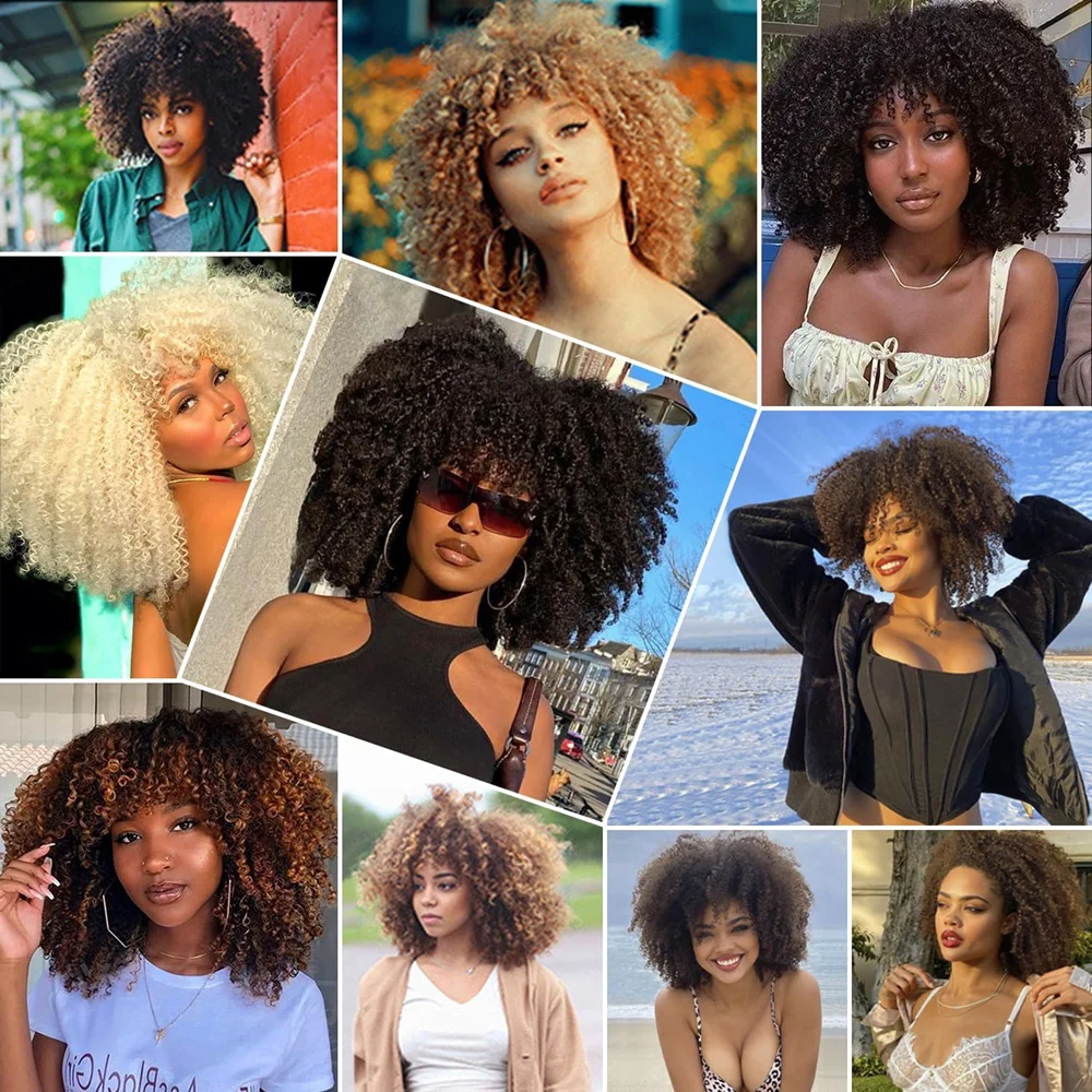 10Inch Short Curly Afro Wigs with Bangs Bomb Afro Kinky Curly Wig Synthetic Fiber Full Wig Natural Looking for Women Christmas