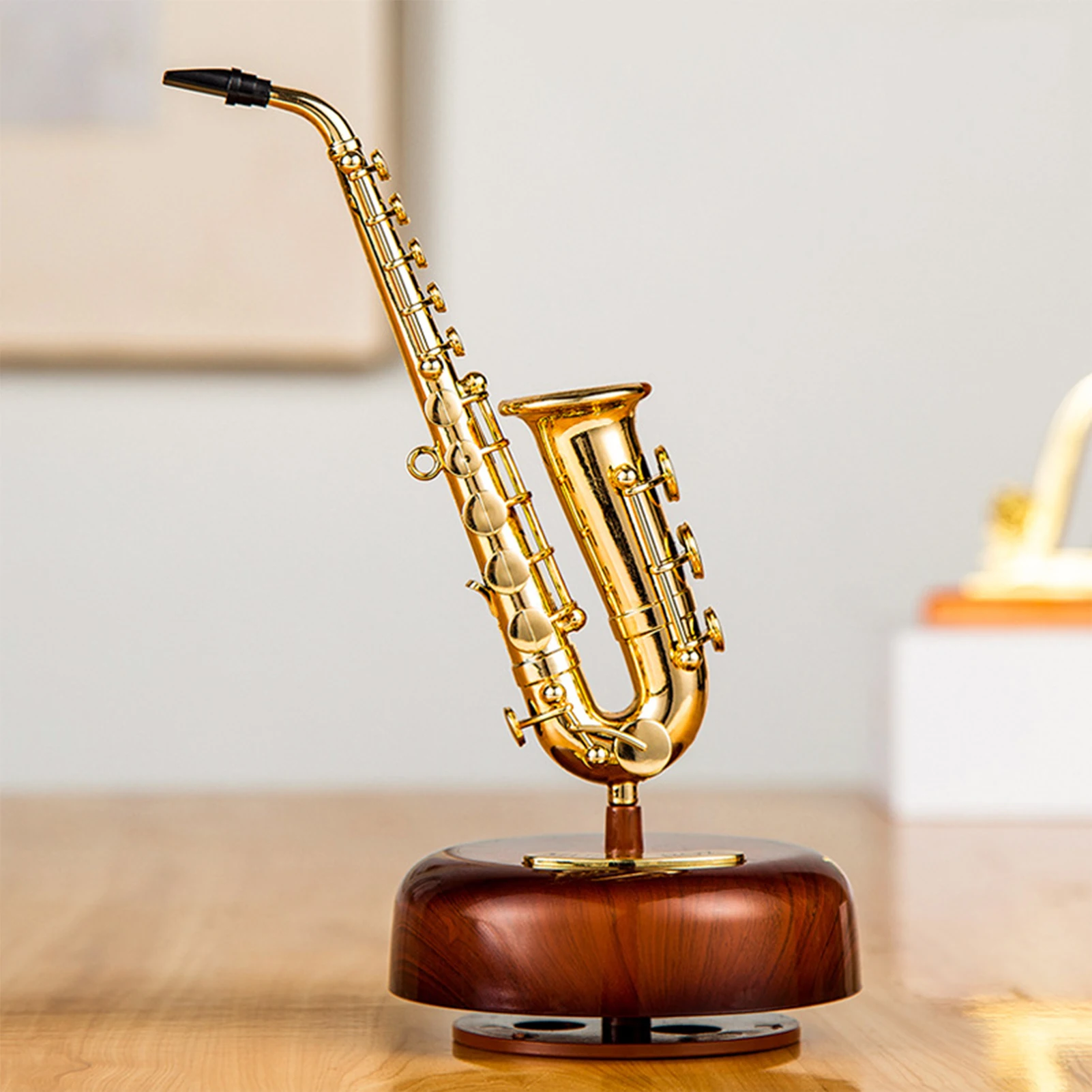 Saxophone Music Box Classical Wind Up Musicbox Twirling Music Box Rotating Base Woodwind Instrument Miniature Replica Artware Music Box