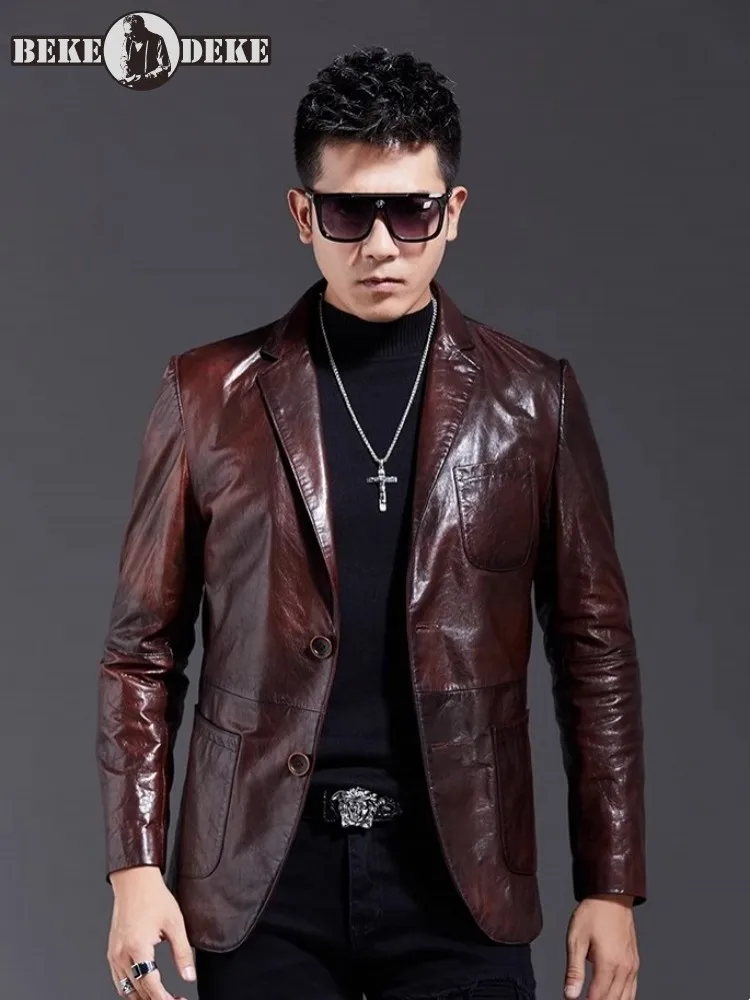 Vintage Oil Wax Sheepskin Suit Jacket Men Single Breasted New Designer Punk Genuine Leather Coat Business Casual Mens Outerwear