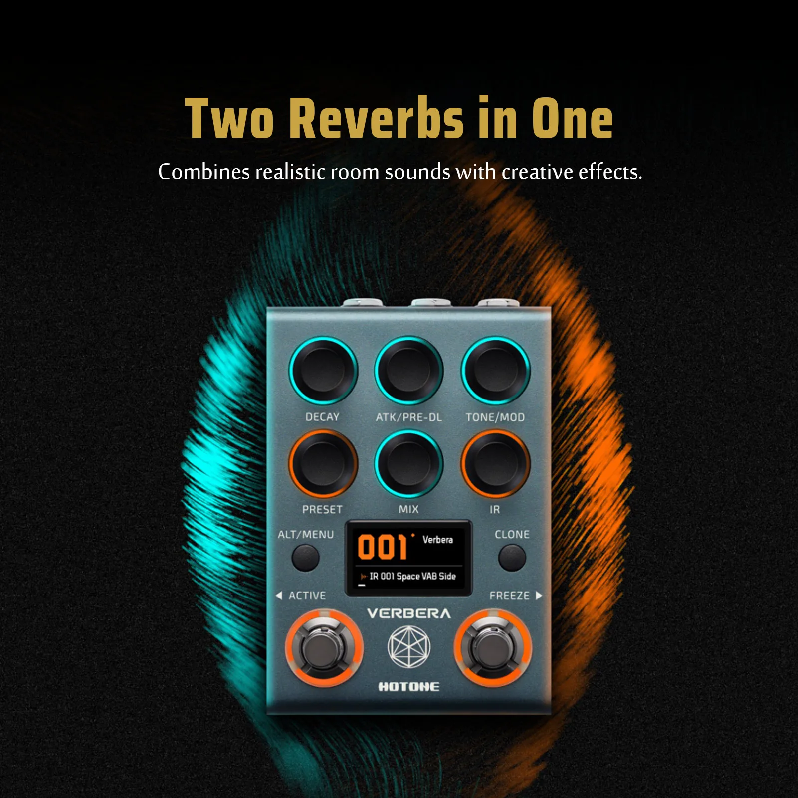 “Pedal de reverb HOTONE Verbera com entradas TRS estéreo, portas MIDI/EXP 3.5mm e USB-C, ideal para guitarras, sintetizadores e vocais.”