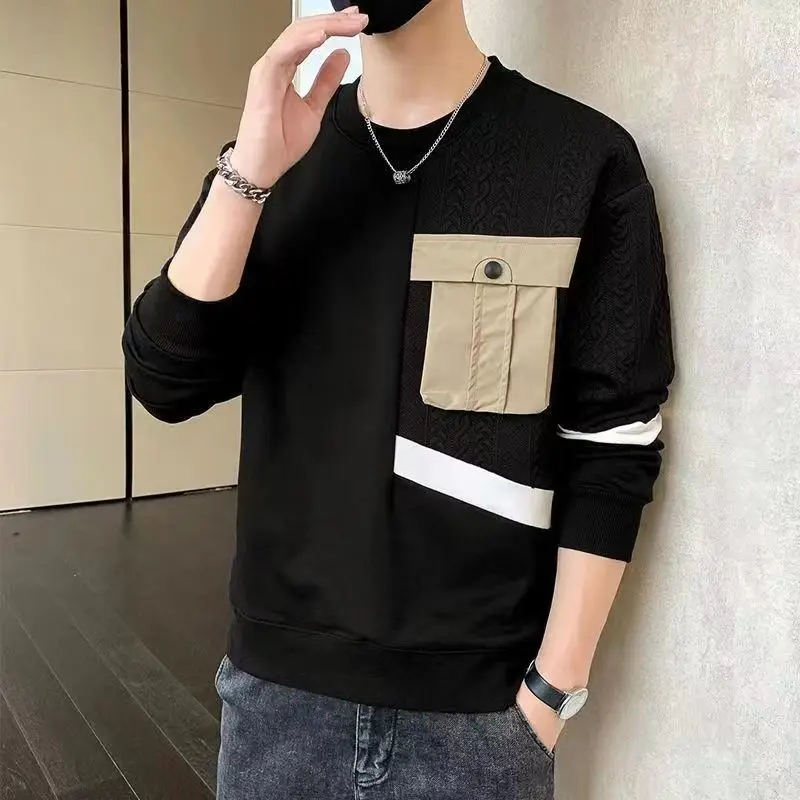 

Men's Spring and Autumn New Fashion Simple Round Neck Pullover Print Panel Pocket Casual Versatile Long Sleeve Loose Sweatshirts