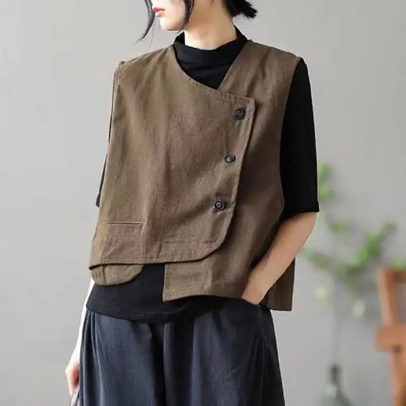 

New Vintage Cotton Vest Women Pocket Korean Fashion Sleeveless Jacket Streetwear Crop Tops Single-breasted Casual Jacket