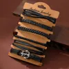 Conjunto de 6 piezas para hombre, pulsera trenzada de piel de vaca, multicapa, Estilo Vintage