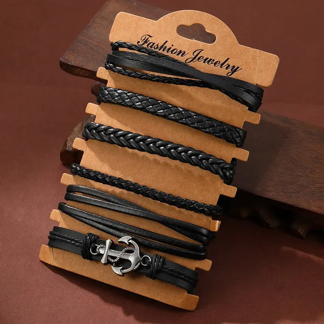 Conjunto de 6 piezas para hombre, pulsera trenzada de piel de vaca, multicapa, Estilo Vintage