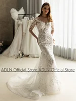 Elegant Lace Mermaid Wedding Dress with Detachable Tulle Train Long Sleeve Scoop Neck Sequined Applique Trumpet Bridal Gown 2