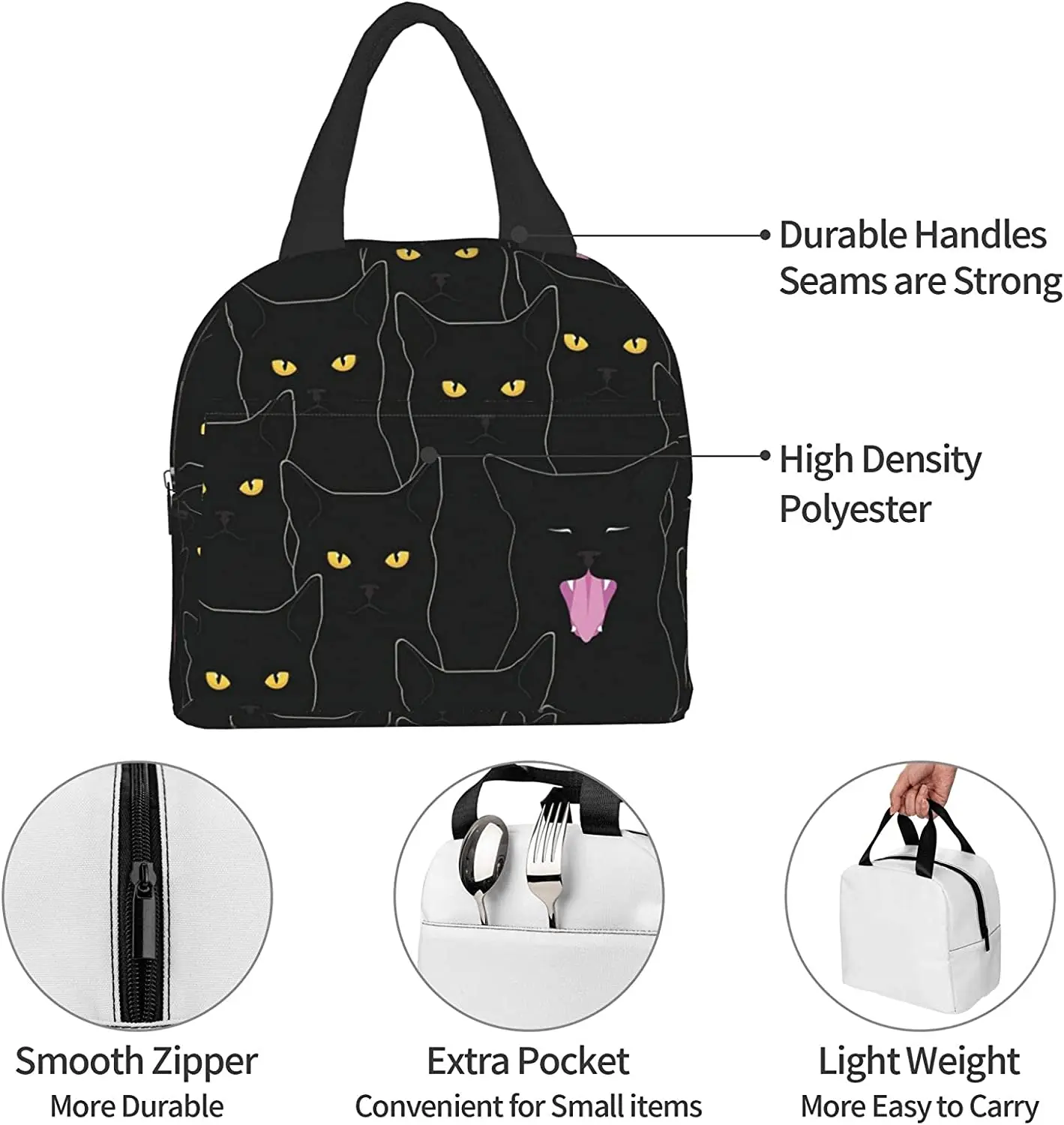 Black Cats Insulated Lunch Bag for Women Men Reusable Leakproof Tote Bag with Front Pockets Cooler Work Office Beach Hiking