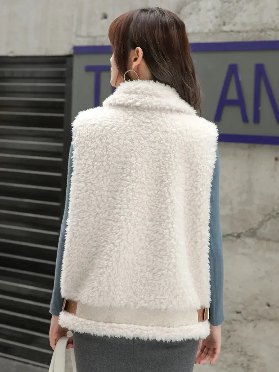 2024 Winter Autumn Thick Lmitation Lamb Wool Vest Jackets Women Solid Warm Loose Zip Pockets Outwear Coat Gilet Femme Oversized