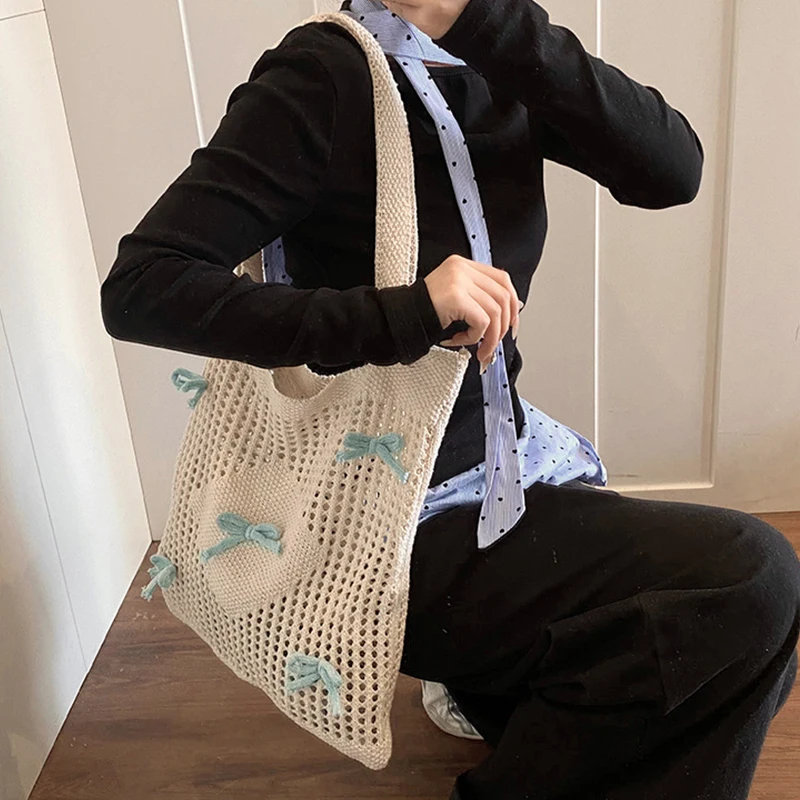 Cute Bow-Knot Pattern Crochet Shoulder Bag Hollow Underarm Bag Mesh Holiday Travel Handbag Summer Beach Handbag for Women