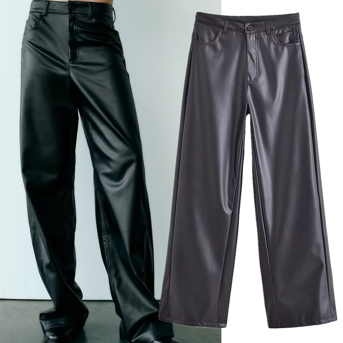 Dave&Di Fashion Girl High Street Leather Pants Women High  Loose Wide Leg Waist Pants Female Winter Trousers