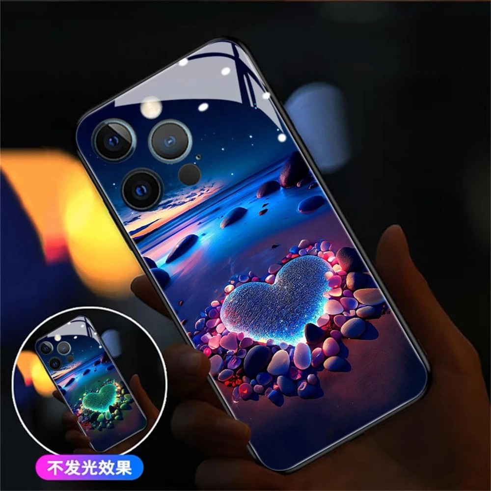 

Pretty Love Night Smart LED Light Up Phone Case Glitter Glass Back Cover For iPhone 15 14 13 12 11 Pro Max Mini X XS XR SE2020