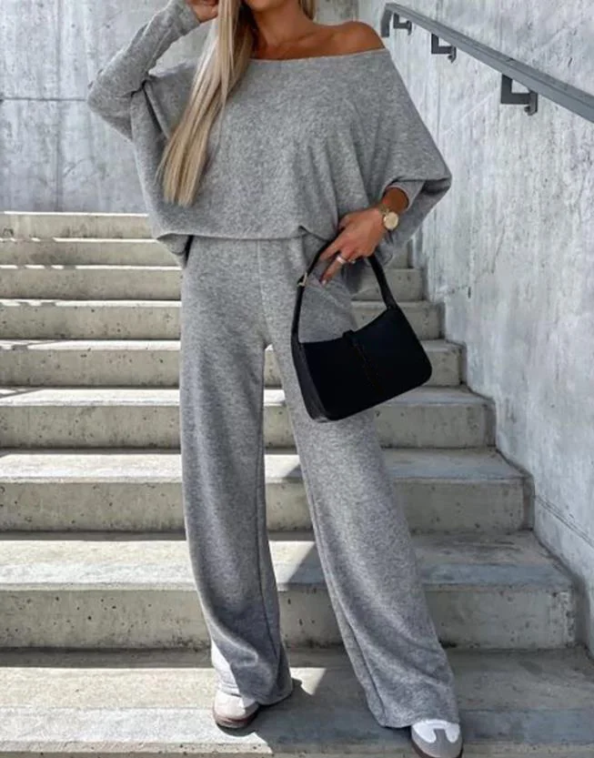 

Woman Fashion Autumn Skew Neck Long Sleeve Top & Pants Set Women's Casual Clothing Loose Two Piece Suit Outfits for Women