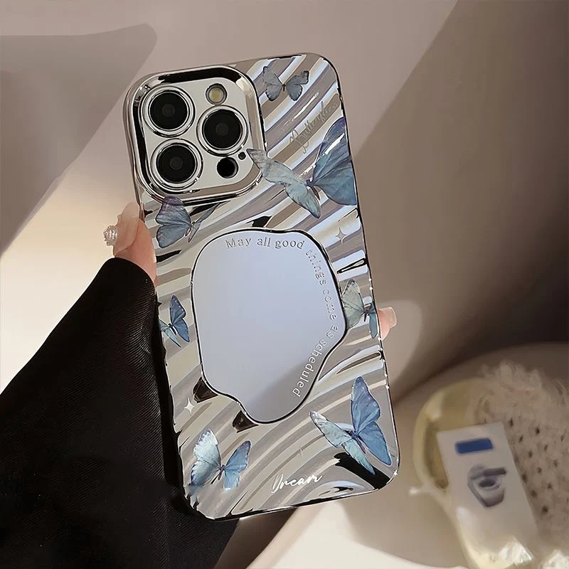 Electroplated Mirror Pink Butterfly Phone Case For iPhone 16 13 11 12 14 15 Pro Max Luxury Plating Wavy Shockproof Makeup Cover