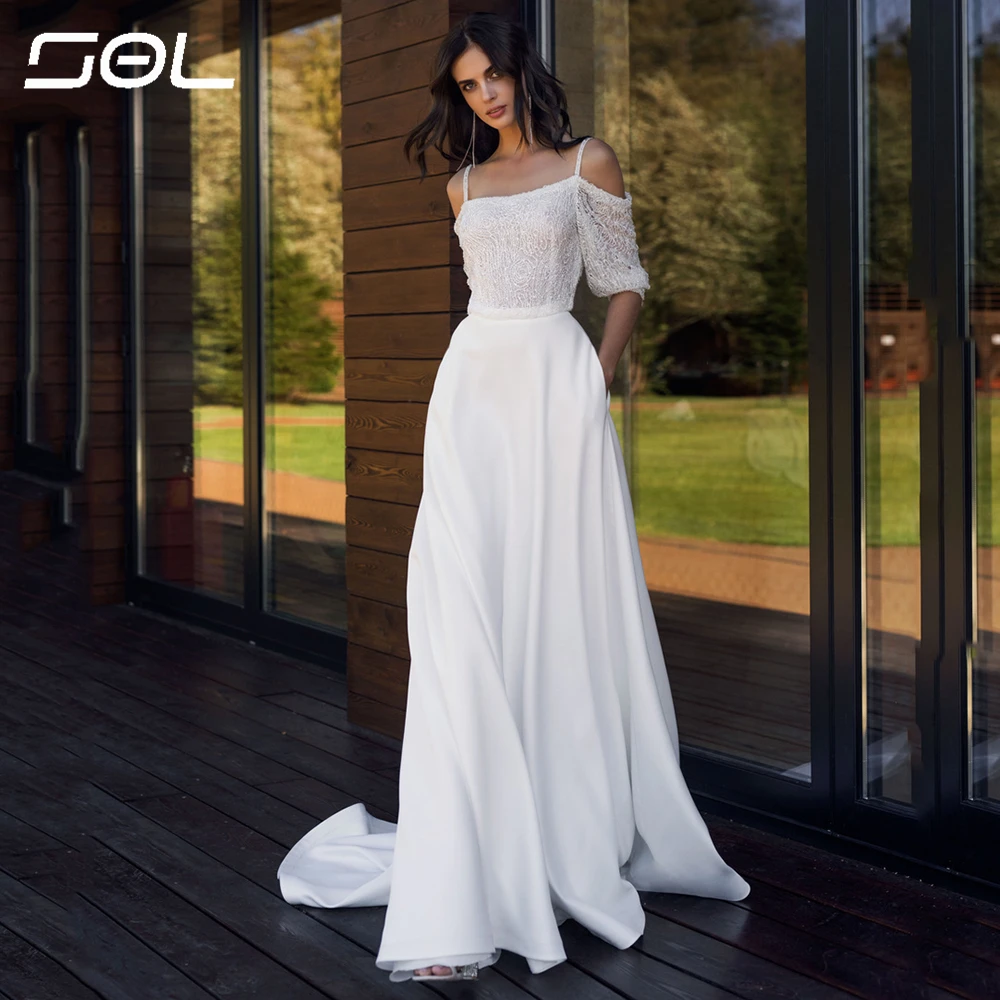 

Sol Exquisite Pattern Boho Wedding Dress For Bride 2023 Half Sleeves Simple Bridal Gown Spandex Elegant Vestido De Novia