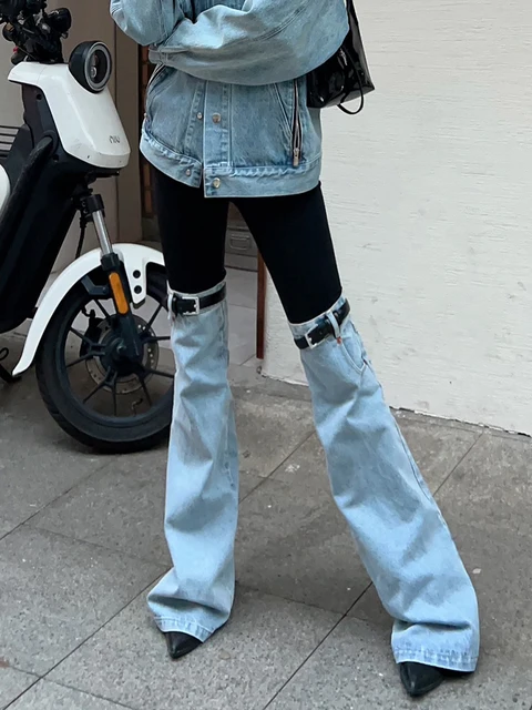 Color patchwork denim trousers with wide legs