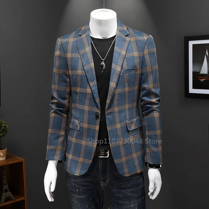 Men High Quality Business Suit Jackets Man Slim Fit Plaid Notch Lapel One Button Blazers Man Casual Fashion Suit Coat 6XL-S