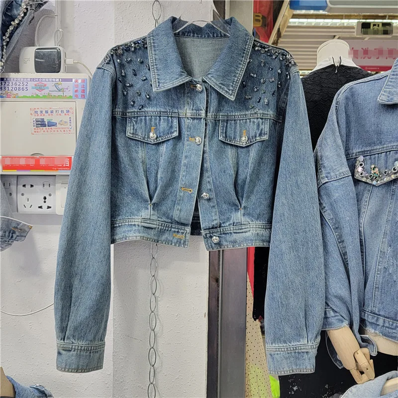 

Vintage Blue Diamonds Denim Jacket Coat Women Slim Short Cowboy Outerwear Spring Autumn Korean Long Sleeve Jeans Jacket Female