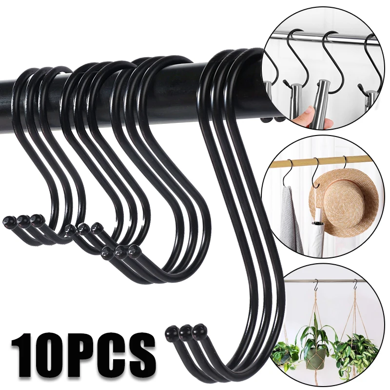 

10Pcs Black S Shaped Hooks Kitchen Pans Pots Bag Towels Hanging Holder Bathroom Bedroom Office Pancoat Bag Plant Hanging Tools