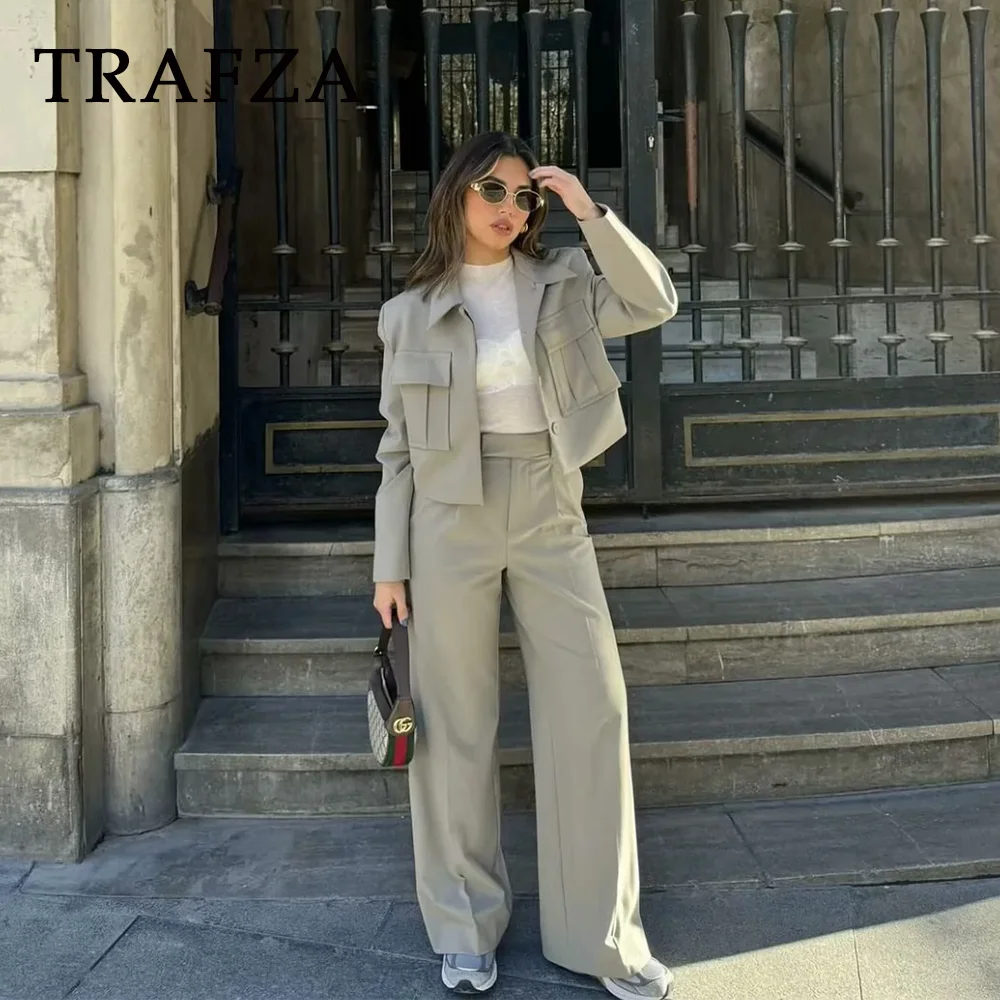 TRAFZA 2024 wiosenne lato casualowe damskie solidne garnitury moda Streetwear kieszenie z kołnierzykiem krótkie kurtki + eleganckie spodnie z szerokimi nogawkami