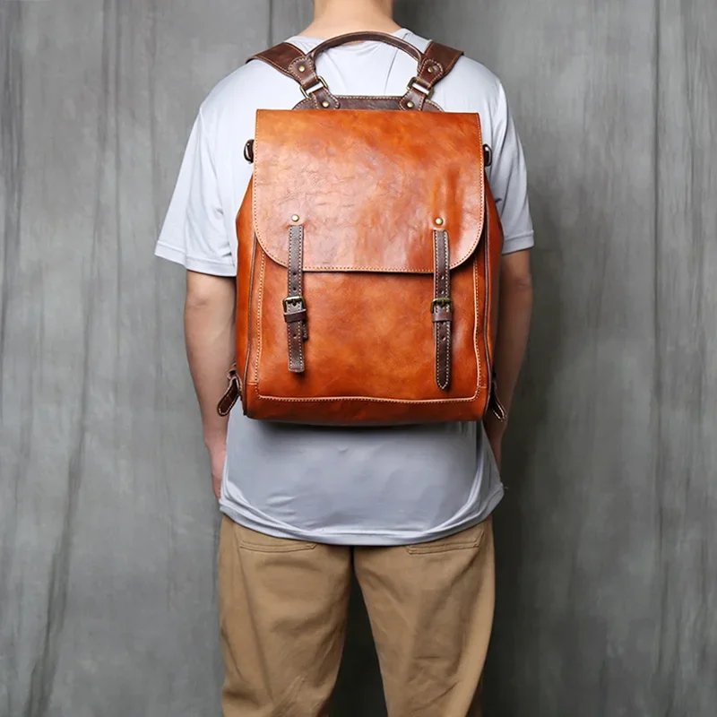 NZPJ Retro Genuine Leather Men  Backpack Vegetable Tanned Top Layer Cowhide Backpack Fashionable computer bag for 15 inch laptop