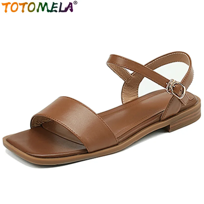 

TOTOMELA 2022 New Square Toe Vintage Genuine Leather Sandals Woman Buckle Square Low Heels Shoes Ladies Dress Sandals