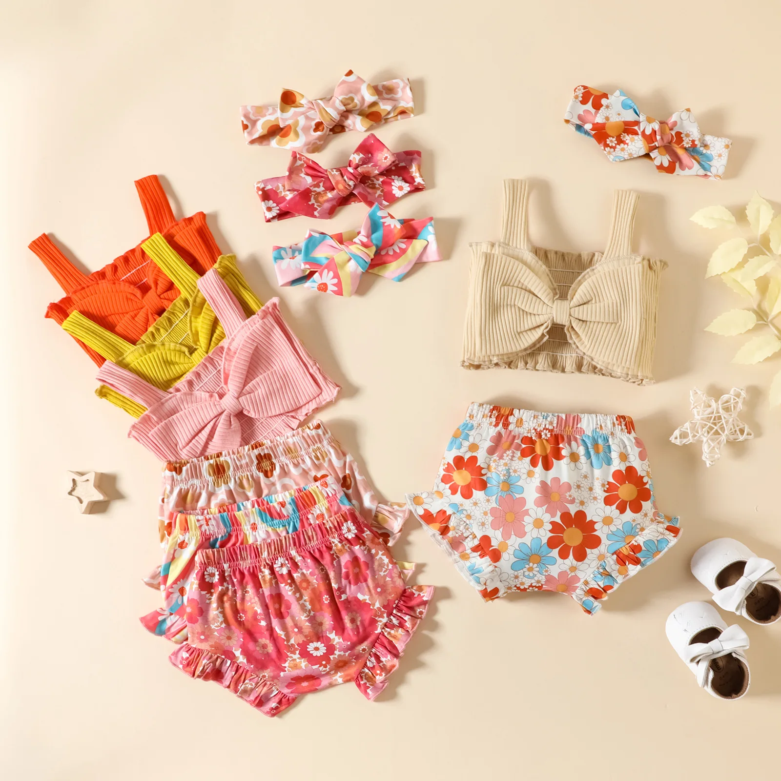 

0-24M Infant Baby Girls 3Pcs Clothes Set Solid Ribbed Bowknot Sling Tank Tops Floral Print Shorts Headband