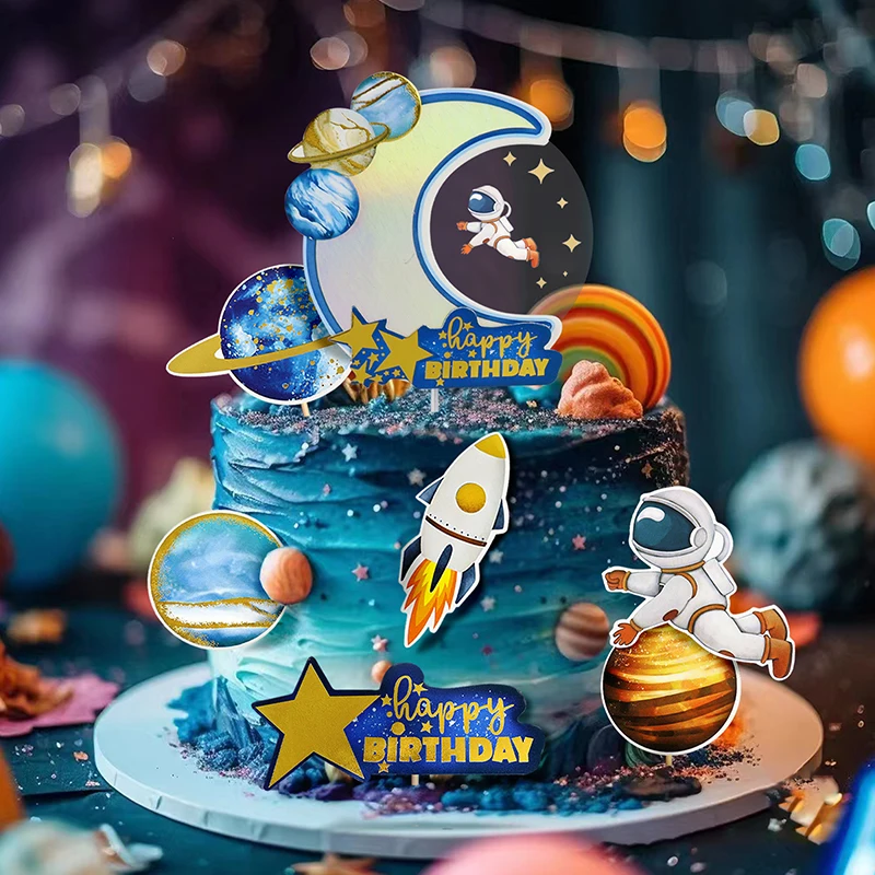 Planet Astronaut Cake Decoration Astronave Rocket Space Kids Birthday Insert Aviation Boy Cake Topper Ornaments Baby Shower