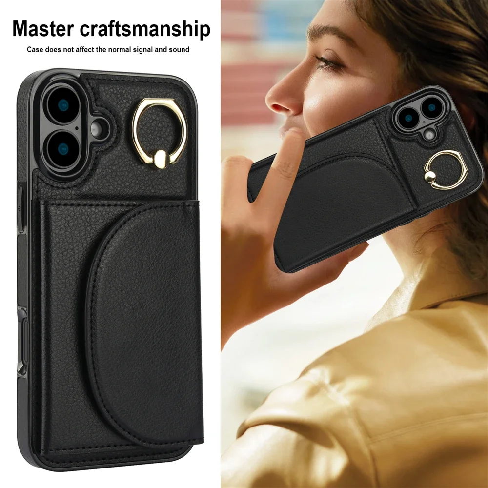 Plånboksfodral i läder för iPhone 16 Pro Max 14 15 13 fingerringhållare telefonfodral kortficka heltäckande skydd_voghion.com