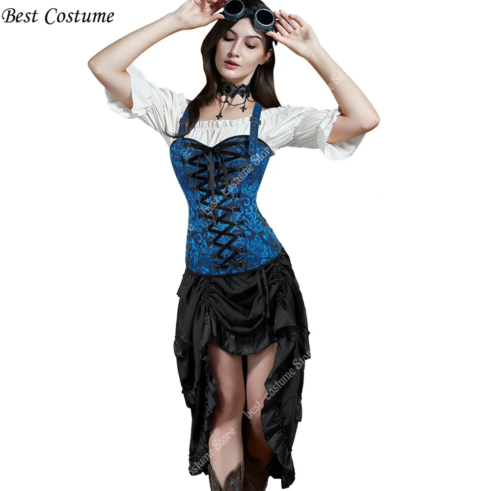 

Halloween Costume Victorian Corset Dress Cosplay Plus Size Pirate Steampunk Skirt Black Blue Fashion Corset Top With Straps