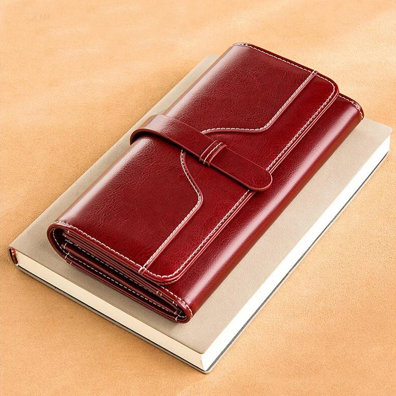 Women Travel Cowhide Leather Wallet Long Trifold Card Holder Bag Women Phone Purse for Birthday Gifts