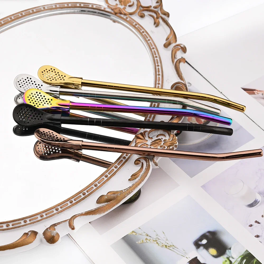 Silver Reusable Stainless Steel Filter Straws and Spoon Set for Cocktails and Tea (8 Pieces)