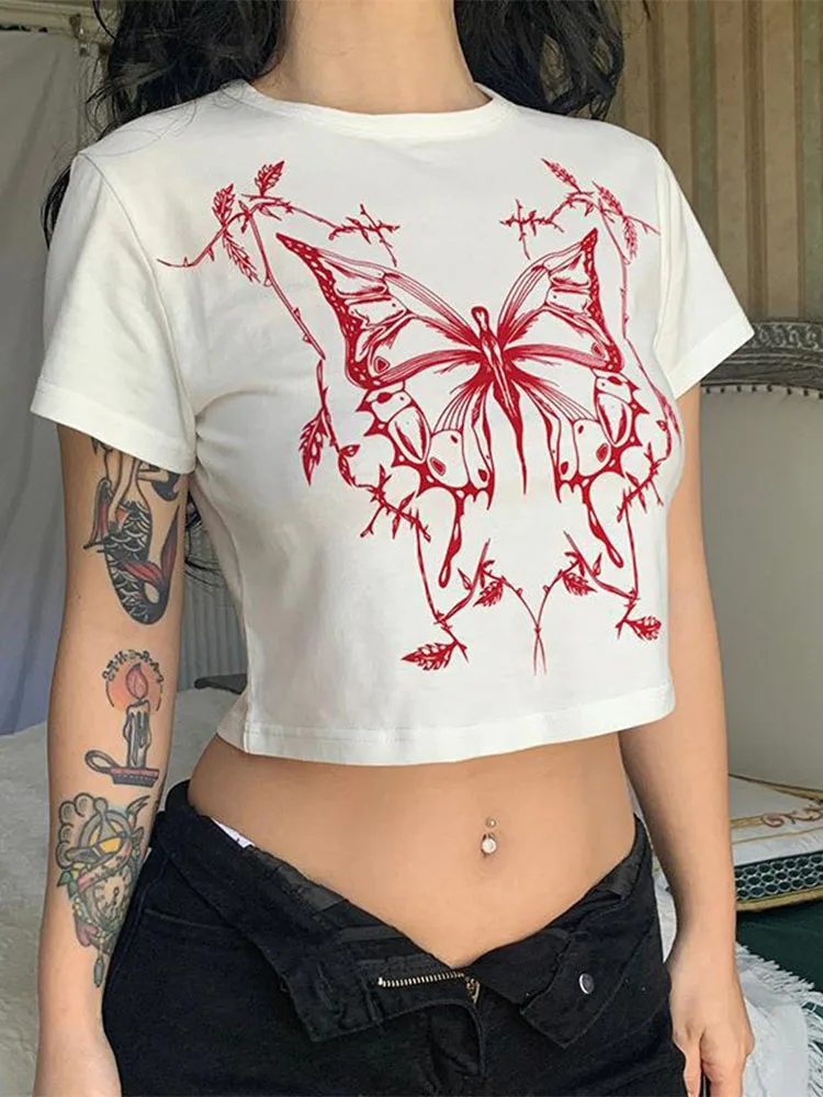 tシャツ (WOMAN) BUTTERFLY WAVE  Symbol Crop SHORT SLEEVE  T-Shirt レディース Beautiful Colorful Butterfly Summer T-shirts Women T Shirt