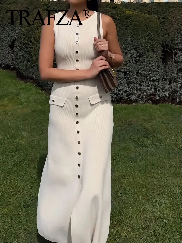 HH Women Knitted Solid Midi Dress Slim Single Breasted Sleeveless Dresses With  Fake Pockets Office Lady Woman Elegant Dress