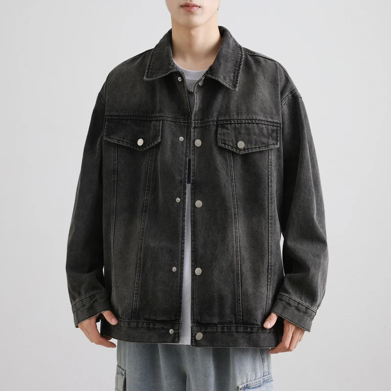 Spring Autumn Men's Turn-down Collar Solid Gradient Button Lantern Long Sleeve Denim Cardigan Coat Vintage Fashion Casual Tops