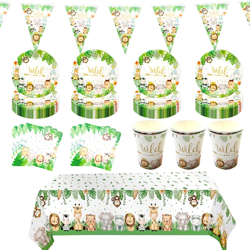 WildJungleAnimalsThemeLionElephantPlatesFlagNapkinCup