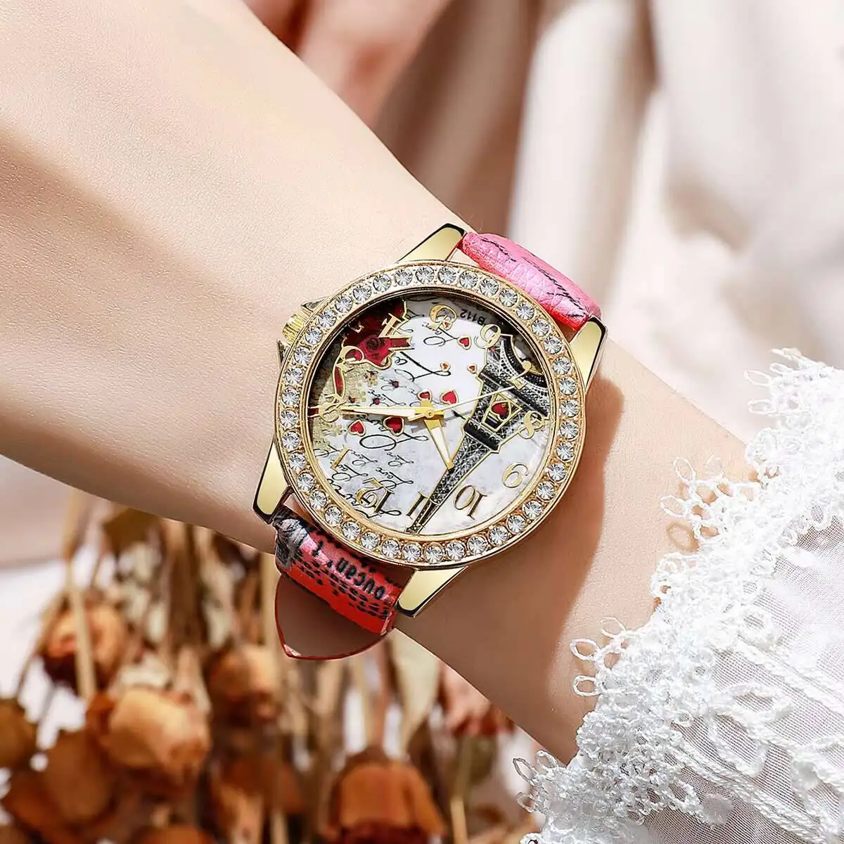 Fashion Flowers Women Watches Casual Leather Strap Analog Quartz Watch Reloj Mujer Girls Clock Gift Relogio Feminino - 3