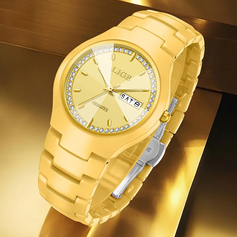 LIGE New Gold Quartz Watch For Woman Fashion Elegant Women's Bracelet Watch Creative Ceramic Strap Waterproof Date Ladies Watch