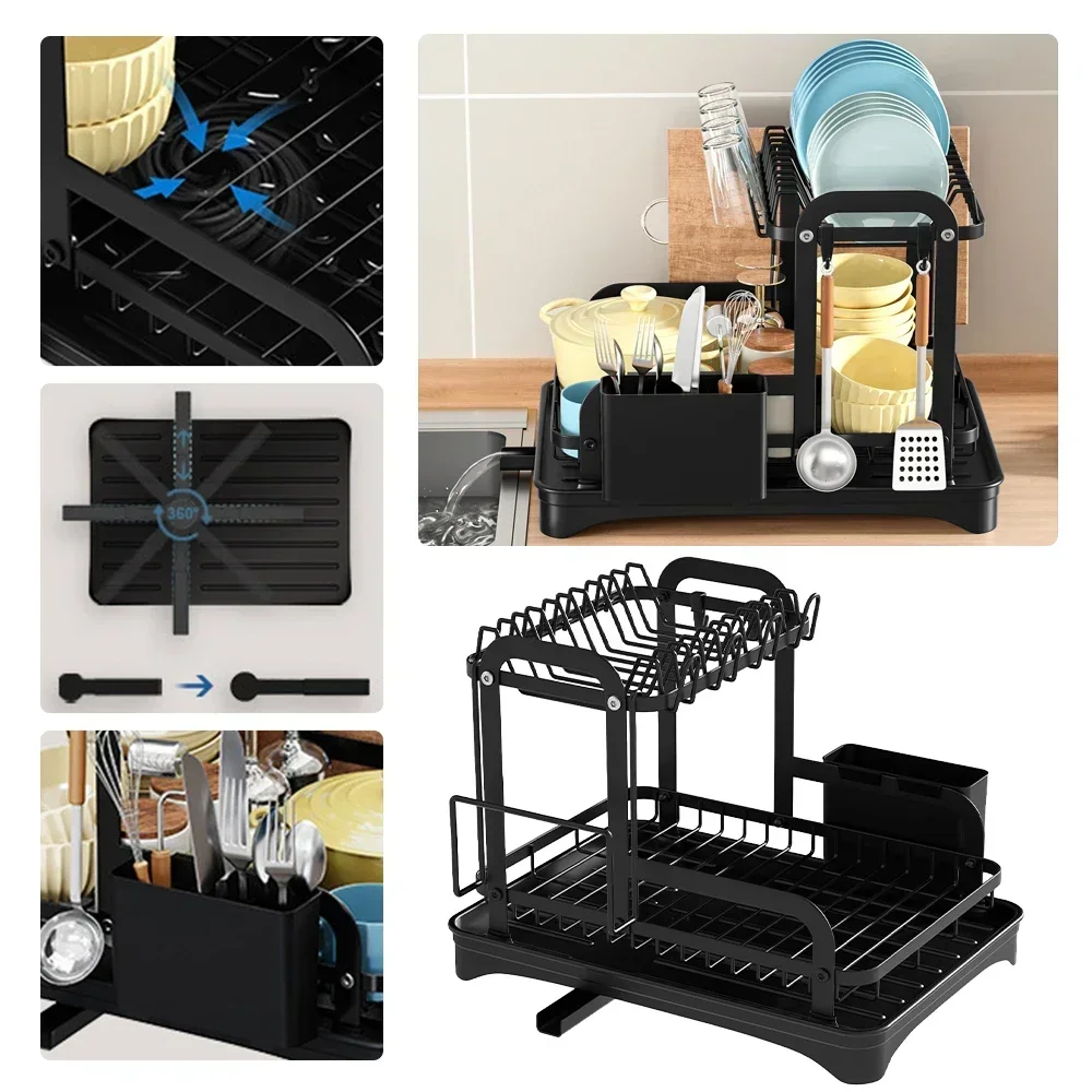 Kitchen Bowl Rack Household Countertop Anti-rust Countertop Double-layer Drain Bowl Rack Multi-function Dish Storage Rack
