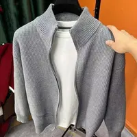 Korean Style Loose Men's Zipper Sweater Pure Color Stand Collar Cardigan Fashionable Autumn Winter Casual Knitted Top