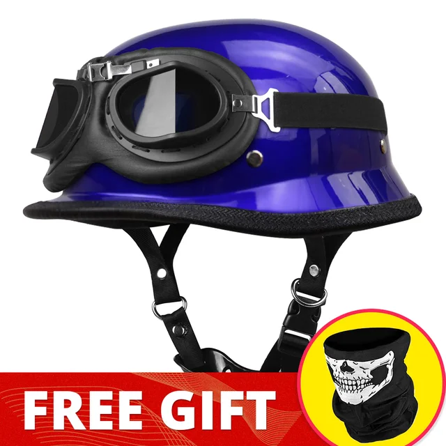 Motorcycle Helmet German Leather Vintage Casco Moto Motorcycle Open Face Retro Half Helmet Chopper Biker Pilot DOT Size S-XXL 307-Blue-Glass2