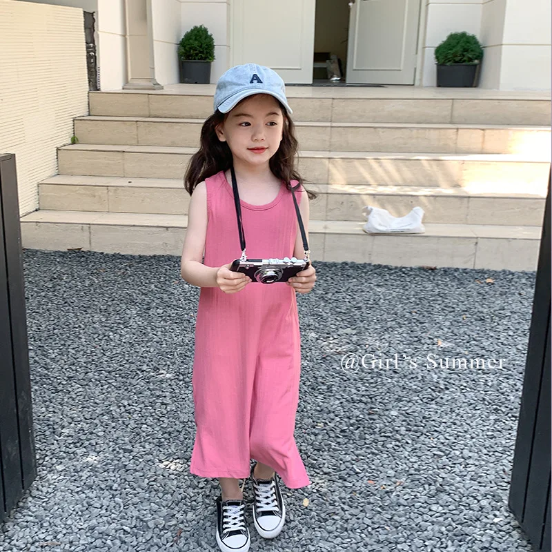 

Children Clothing Girls Mid-length Sundress Korean Style Soft Comfortable Sleeveless Solid Color Casual Simple Girls Dress