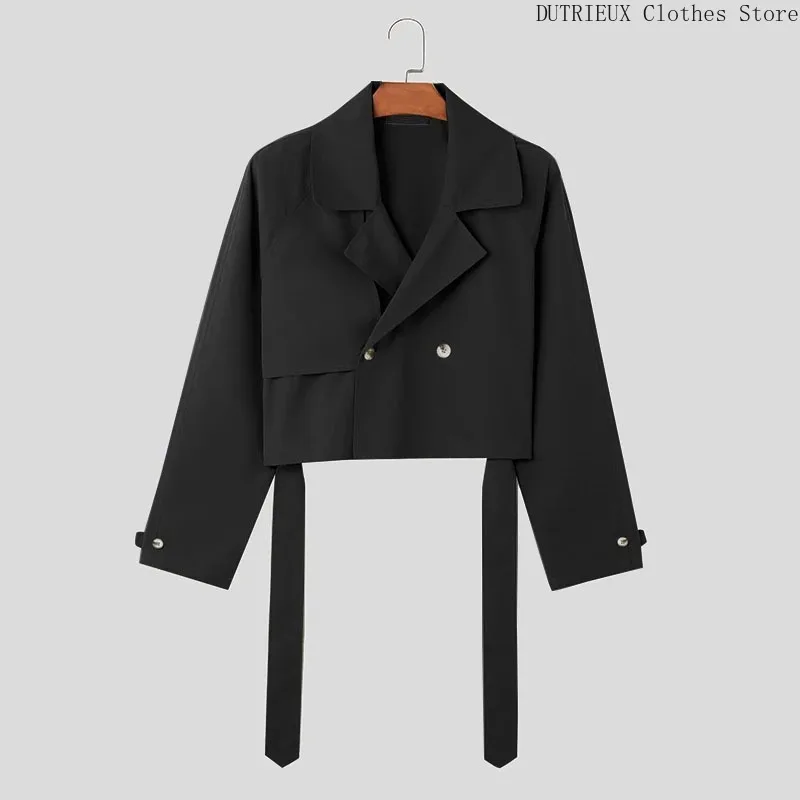 Super Cool Street Motorcycle Men's Coat New Fall Fashion Loose Men's Short Trench Coat Lapel Lace-up Cargo Male Short Jacket