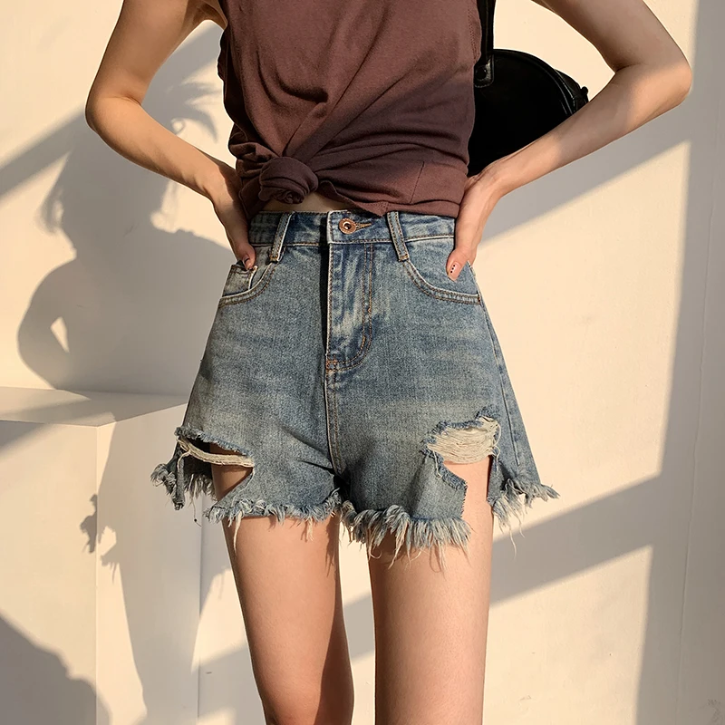 Summer Sexy Ripped Denim Shorts High Waist Women Jeans Short Loose Wide Leg Pocket Tassel Shorts Femme Street Hot Girl Clothing
