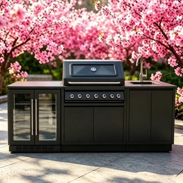 Meubles de cuisine d'extérieur modernes, modulaires et fonctionnels en acier inoxydable avec grill, plaque de cuisson, évier, réfrigérateur et éclairage LED pour jardin, patio ou cour arrière 1