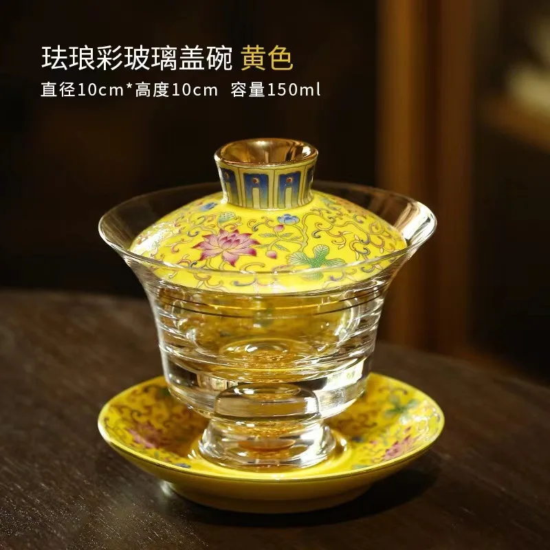 Enamel Colored Glass Gaiwan Puer Tea Bowls Crystal Tea Bowl Tureen Lid Bowl Lotus Hand Drawing Gaiwan Travel Gai Wan Cup Set