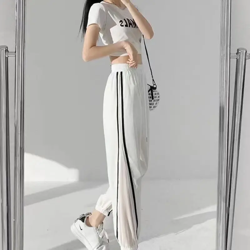 2024 Summer Loose Casual Sports Style Drawstring Elastic Waist Color Blocking Mesh Patchwork Ankle Tied Harlan Pants for Women