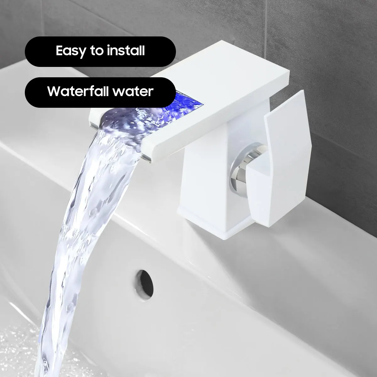LED Matte Bathroom Sink Waterfall Faucet Three Colors Change with Temperature Hot and Cold Water Mixer Taps Water Inlet Pipe