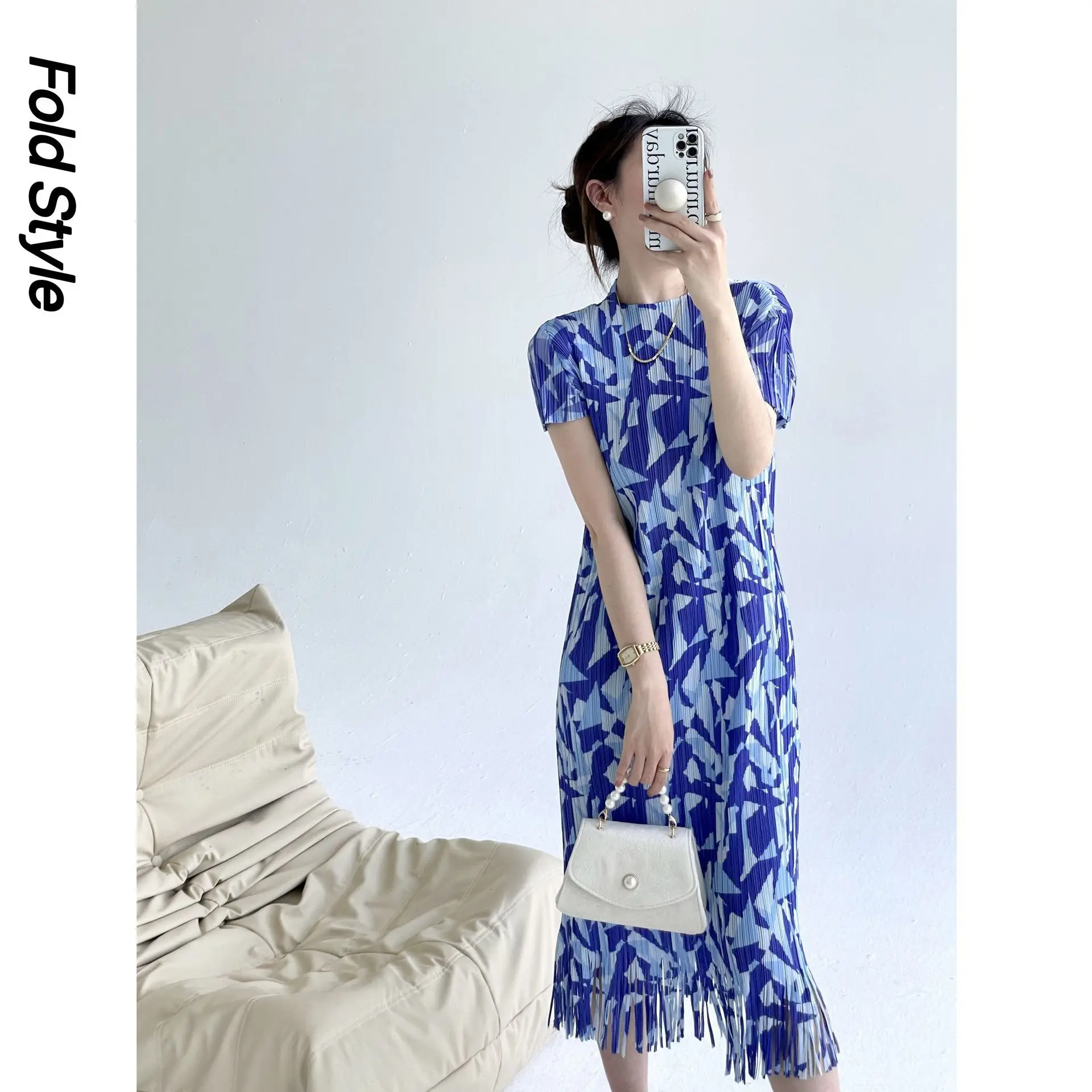 

Miyake Pleated Summer New Geometric Print Hem Tassel Design Temperament Women's Elegant Short Sleeve Slim Fit Dress
