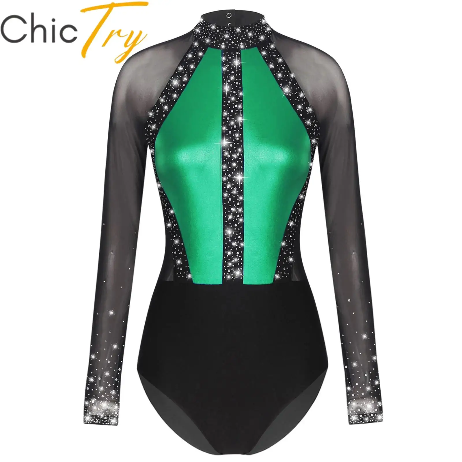 Womens Figure Skating Leotard Rhinestones Sheer Mesh Long Sleeve Dance Bodysuit for Ballet Dance Rhythmic Gymnastics Acrobatics