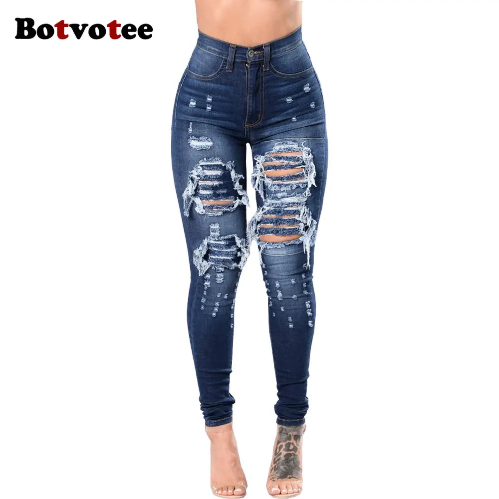 Botvotee déchiré maigre taille haute crayon jean pour femmes décontracté Y2K Streetwear Denim pantalon bleu foncé élastique jean femme